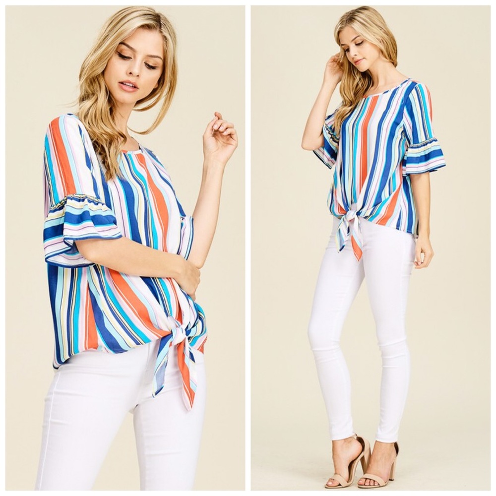 LAST 1! ๐Striped Woven Ruffle Self Tie Top! - Picture 3 of 4